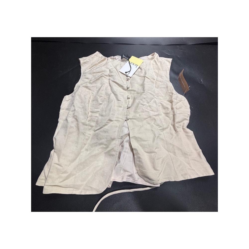 Kourt Women Beige Linen Lace Up Back Button Front Vest Top Large NEW